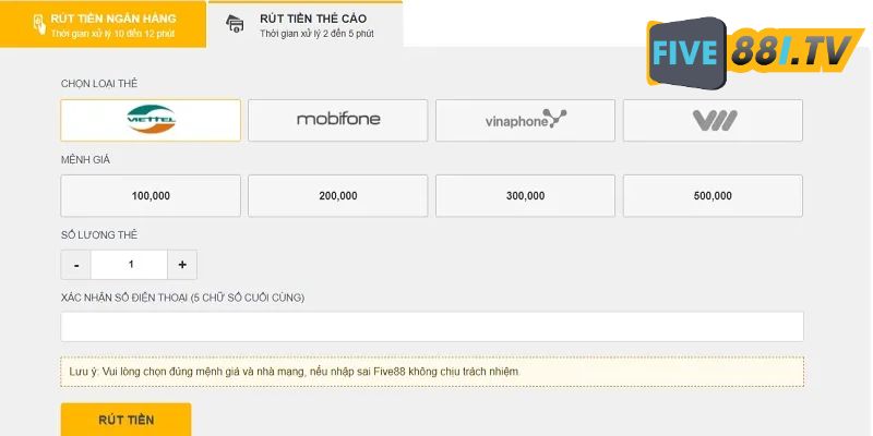 Người chơi nhớ chọn đúng mệnh giá khi rút tiền thẻ cào